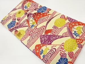 未使用品　塩瀬型染山並み・流水に花々模様名古屋帯